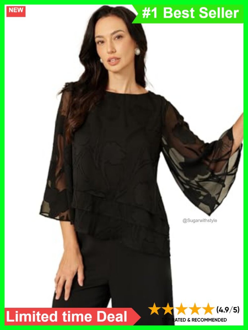 Womens Chiffon Floral Blouse 3/4 Sleeve Lace Top Business Casual Dressy